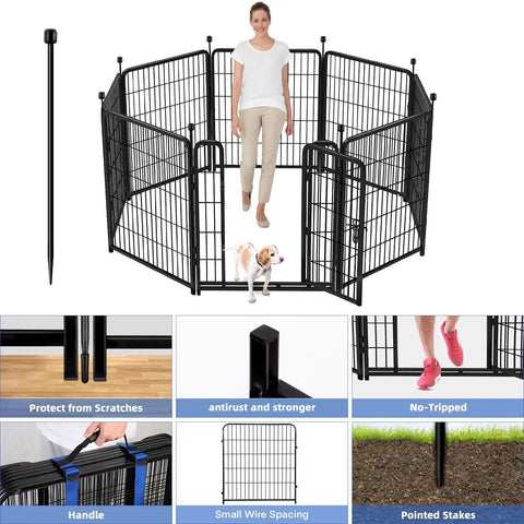 Tall 48 Inch High Garden Fence With Gate Heavy Duty Iron Pet Fence 17.7 Feet Total Length Eight Panels Outdoor Yard Playpen And Temporary Indoor Dog Barrier Black