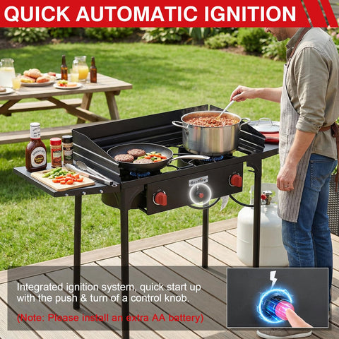 Two Burner Camping Stove With Windscreen And Side Shelves Bag Auto Ignition Regulator 150000 BTU High Pressure Propane Burner