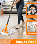 Heavy Duty Commercial Floor Mop With 55 Inch Handle And Three Interchangeable Heads Ultra Absorbent Cotton Loop cleaning a tiled floor.
