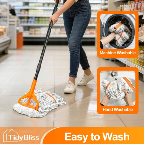 Heavy Duty Commercial Floor Mop With 55 Inch Handle And Three Interchangeable Heads Ultra Absorbent Cotton Loop cleaning a tiled floor.