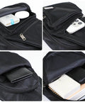 Mens Sling Pack With Upgraded Type C Charge Port Water Resistant Nylon Crossbody Daypack Five Pocket Sling Bag For Hiking And Travel Fits iPad Mini 7.9 Inch And Kindle Small Black showing interior compartments with gadgets and books
