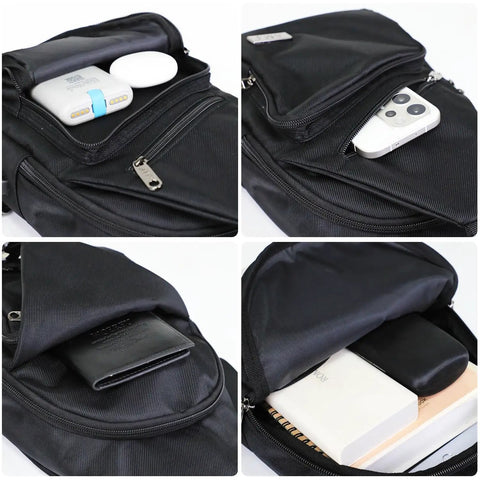 Mens Sling Pack With Upgraded Type C Charge Port Water Resistant Nylon Crossbody Daypack Five Pocket Sling Bag For Hiking And Travel Fits iPad Mini 7.9 Inch And Kindle Small Black showing interior compartments with gadgets and books