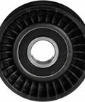 Gates DriveAlign belt drive idler pulley, black plastic with metal bearing and central bore, front view