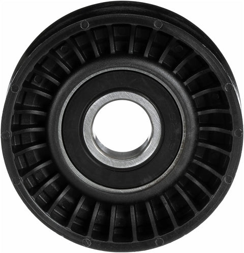 Gates DriveAlign belt drive idler pulley, black plastic with metal bearing and central bore, front view