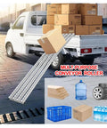 Lightweight Gravity Roller Conveyor Modular Cargo Slide Track used for unloading boxes from truck bed, showing various cargo.