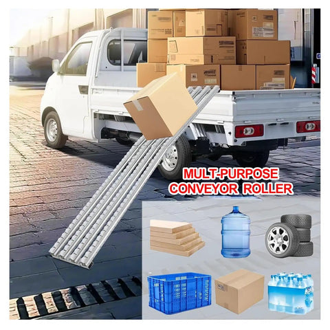 Lightweight Gravity Roller Conveyor Modular Cargo Slide Track used for unloading boxes from truck bed, showing various cargo.