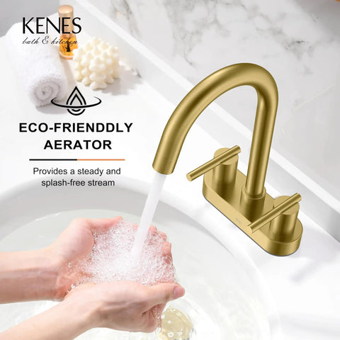 Brushed Gold Centerset Bathroom Faucet 4 Inch 2 Handle 3 Hole Sink Faucet With Pop Up Drain And Two Water Supply Lines