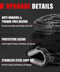 Close-up of synthetic winch rope with protective sleeve and stainless steel loop for 4x4 SUVs and pickups