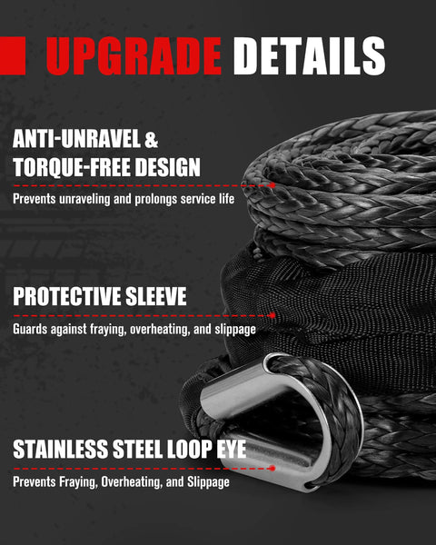 Close-up of synthetic winch rope with protective sleeve and stainless steel loop for 4x4 SUVs and pickups