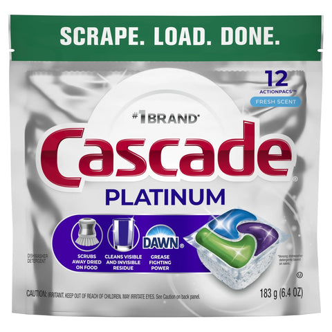 Platinum ActionPacs Dishwasher Detergent Pods Deliver Powerful Cleaning In One Wash Without Pre Wash, Fast Dissolving Formula Releases Dawn Grease Fighting Power, Enzymes Break Down Food Particles So They Flow Down The Drain, Fresh Scent, 12 Count packaging front view