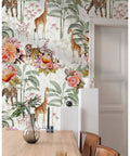 Forest Peel And Stick Floral Wallpaper With Jungle Animals Removable White Green Pink Vinyl Mural in a dining room.