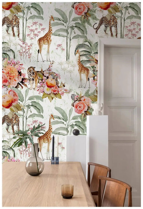 Forest Peel And Stick Floral Wallpaper With Jungle Animals Removable White Green Pink Vinyl Mural in a dining room.
