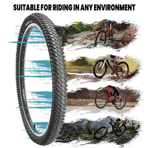 Beefy 26 Inch Mountain Bike Tire Kit Two Pack 26X1.95 ideal for varied off-road terrains, with tire and dirt background.