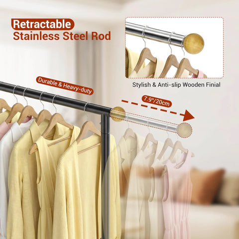Dope Rolling Garment Rack With Retractable Hanging Rods, Lockable Wheels And Bottom Storage Shelf, steel rod detail with clothes.