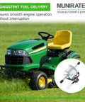 Lawn mower with inset image of 12V Fuel Pump Replacement for FD501D models, compatible with compact tractors and generators AM876266.