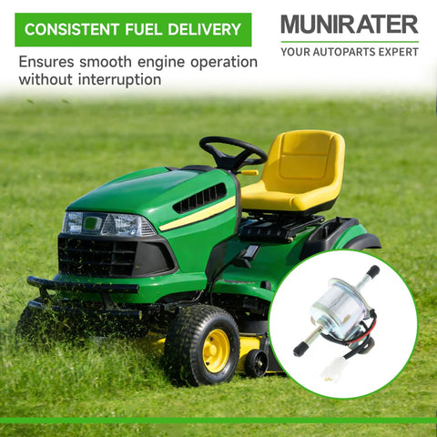 Lawn mower with inset image of 12V Fuel Pump Replacement for FD501D models, compatible with compact tractors and generators AM876266.