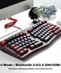 Slick Aluminum Mechanical Keyboard Boasting Ergonomic Split Alice Layout Hot Swappable Creamy Linear Switches Tri Mode Wireless And Gnarly Rgb Lighting For Flawless Typing Sessions In Dope Burgundy on a desk with red cable.