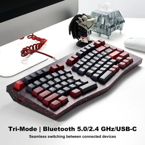 Slick Aluminum Mechanical Keyboard Boasting Ergonomic Split Alice Layout Hot Swappable Creamy Linear Switches Tri Mode Wireless And Gnarly Rgb Lighting For Flawless Typing Sessions In Dope Burgundy on a desk with red cable.