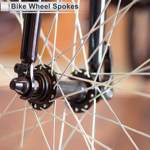 Close-up of wheel with Universal Bicycle Spokes Set 13G 209mm Length With 36 Spokes And 36 Nipples Black Steel Heavy Duty