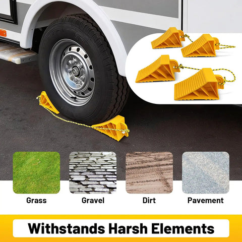 Two Pair Wheel Chocks With Rope And Easy Carry Handle For Travel Trailers Cars Campers Trucks And RVs Non Slip Bright Yellow Lightweight Wheel Chocks For Safe Parking shown installed on RV wheel on pavement.