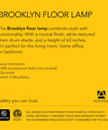 Brooklyn floor lamp description with features, including 63-inch height and white linen drum shade for living room or home office.