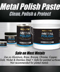 Heavy Duty Metal Polish Paste 4.5 Oz for Aluminum, Chrome, and Stainless Steel, front view of jars and buckets
