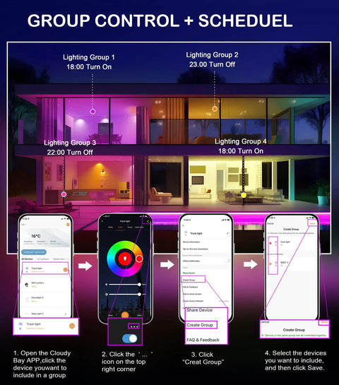 Smart home setup with Triple Pack 11W Smart WiFi LED Track Lighting Heads With RGBCW Color Changing and app control interface.