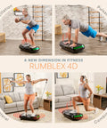 People using Rumblex 4D Vibration Plate Exercise Machine for home workouts, fat loss, muscle toning, and pain relief in living room
