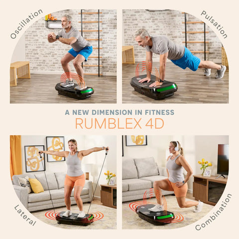 People using Rumblex 4D Vibration Plate Exercise Machine for home workouts, fat loss, muscle toning, and pain relief in living room