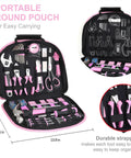 Pink 208 Piece Tool Kit for Women With Round Pouch Handy Home Maintenance Set for Apartment Living Everyday Household Tools Including Hammer Pliers Screwdrivers Hex Keys Bits and Adjustable Wrench Great Gift for Her open and displayed in pouch