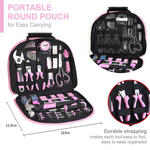 Pink 208 Piece Tool Kit for Women With Round Pouch Handy Home Maintenance Set for Apartment Living Everyday Household Tools Including Hammer Pliers Screwdrivers Hex Keys Bits and Adjustable Wrench Great Gift for Her open and displayed in pouch