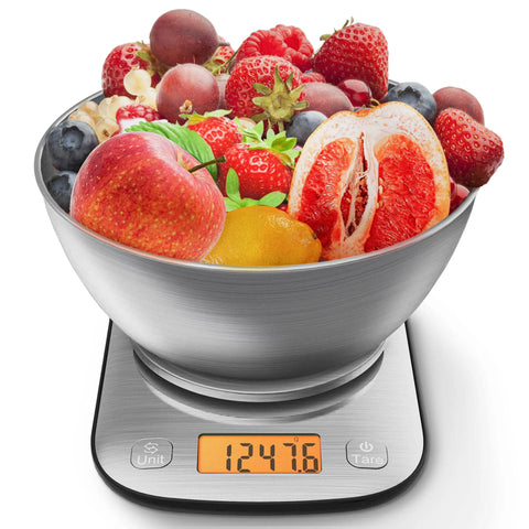 Digital Kitchen Scale With Stainless Steel Bowl IPX6 Waterproof 11 Lb Capacity Precise 0.01 Oz 0.1 g Readings Five Unit Modes