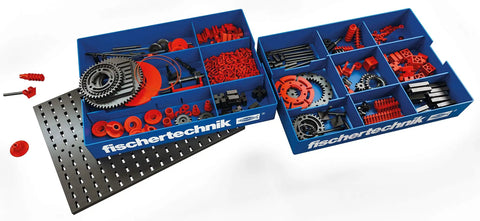 Gear Driven Learning Kit With 291 High Quality Parts Including Gear Wheels, Racks, Axles And Worms For Hands On STEM Building, Real World Mechanisms And Creative Play, Made In Germany For Inventors And Makers. Open blue tray with gears and axles