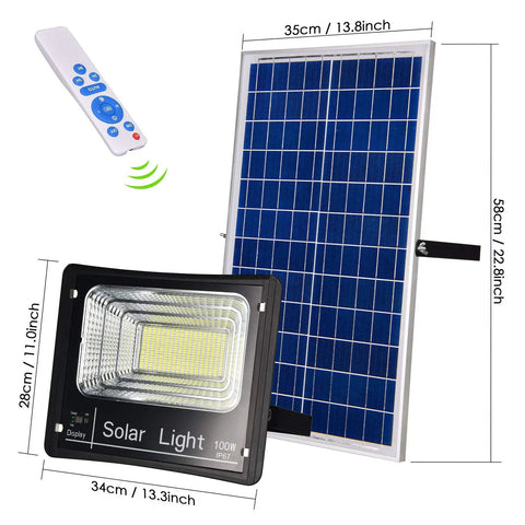 100W Solar Flood Light With Remote Control Dusk To Dawn Outdoor Lamp 324 LEDs with solar panel and remote, dimensions shown.