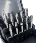 Heavy Duty Tungsten Carbide Die Grinder Burr Set, 10 Piece, One Quarter Inch Shank, Double Cut Rotary Bits in storage case
