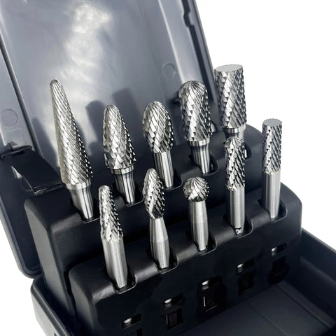 Heavy Duty Tungsten Carbide Die Grinder Burr Set, 10 Piece, One Quarter Inch Shank, Double Cut Rotary Bits in storage case