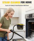 A person using a handheld steam cleaner in the kitchen, highlighting its powerful steam for tackling grime.