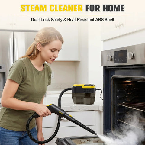 A person using a handheld steam cleaner in the kitchen, highlighting its powerful steam for tackling grime.
