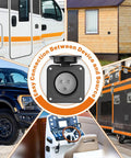 Collage with 15 Amp Flanged Inlet NEMA 5-15 RV Shore Power Plug, marine boat, RV, truck, and cabin illustrating outdoor use