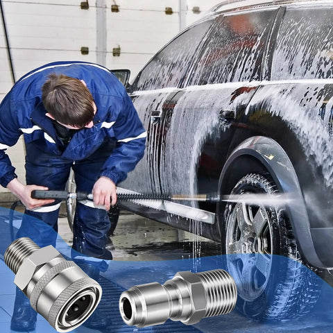 Close-up of stainless steel 3/8 in pressure washer quick-connect fittings (4-pack) with male/female threads