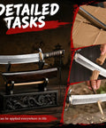 Fixed Blade Tanto Knife With Full Tang Build cutting cardboard, wood, and rope, shown with wooden sheath.