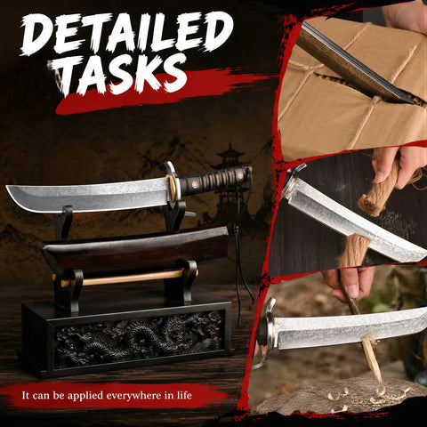 Fixed Blade Tanto Knife With Full Tang Build cutting cardboard, wood, and rope, shown with wooden sheath.