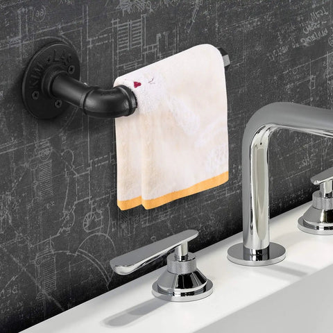 Industrial Pipe Toilet Paper Holder In Matte Black Built To Last Boss Style DIY Vintage Rustic Iron Wall Mount Roll Tissue Holder Towel Rack With Hardware For Bathroom Kitchen Bedroom Hallway displaying a white towel above a sink faucet.