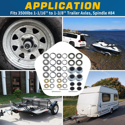 4-set trailer axle hub bearing kit with grease seals, dust caps, cotter pins, nuts & washers for 3500 lb axles
