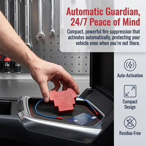 Auto Aerosol Fire Extinguishers With Dual Nozzles For Slick Hands Off Flame Control And Bulletproof Emergency Cover That Truly Is A No Sweat Go To Gear Setup For Your Car Rv Or Office, showing a hand holding a red compact fire suppression device.