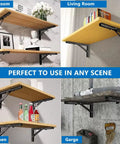 Heavy Duty Folding Shelf Bracket Six Inch Wall Mounted Collapsible Workbench Support with wooden shelves in kitchen and living room.