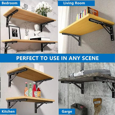 Heavy Duty Folding Shelf Bracket Six Inch Wall Mounted Collapsible Workbench Support with wooden shelves in kitchen and living room.