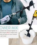 26.7 Inch Compost Stirring Tool For Outdoor Tumbler Bins attached to a drill, showing use in mixing compost in a white bin.