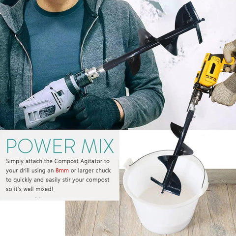 26.7 Inch Compost Stirring Tool For Outdoor Tumbler Bins attached to a drill, showing use in mixing compost in a white bin.