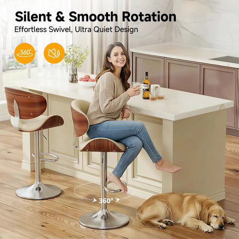 Woman sitting on bar stool using Beefed Up Heavy Duty 1000 Lbs Gas Lift Cylinder Replacement with dog nearby